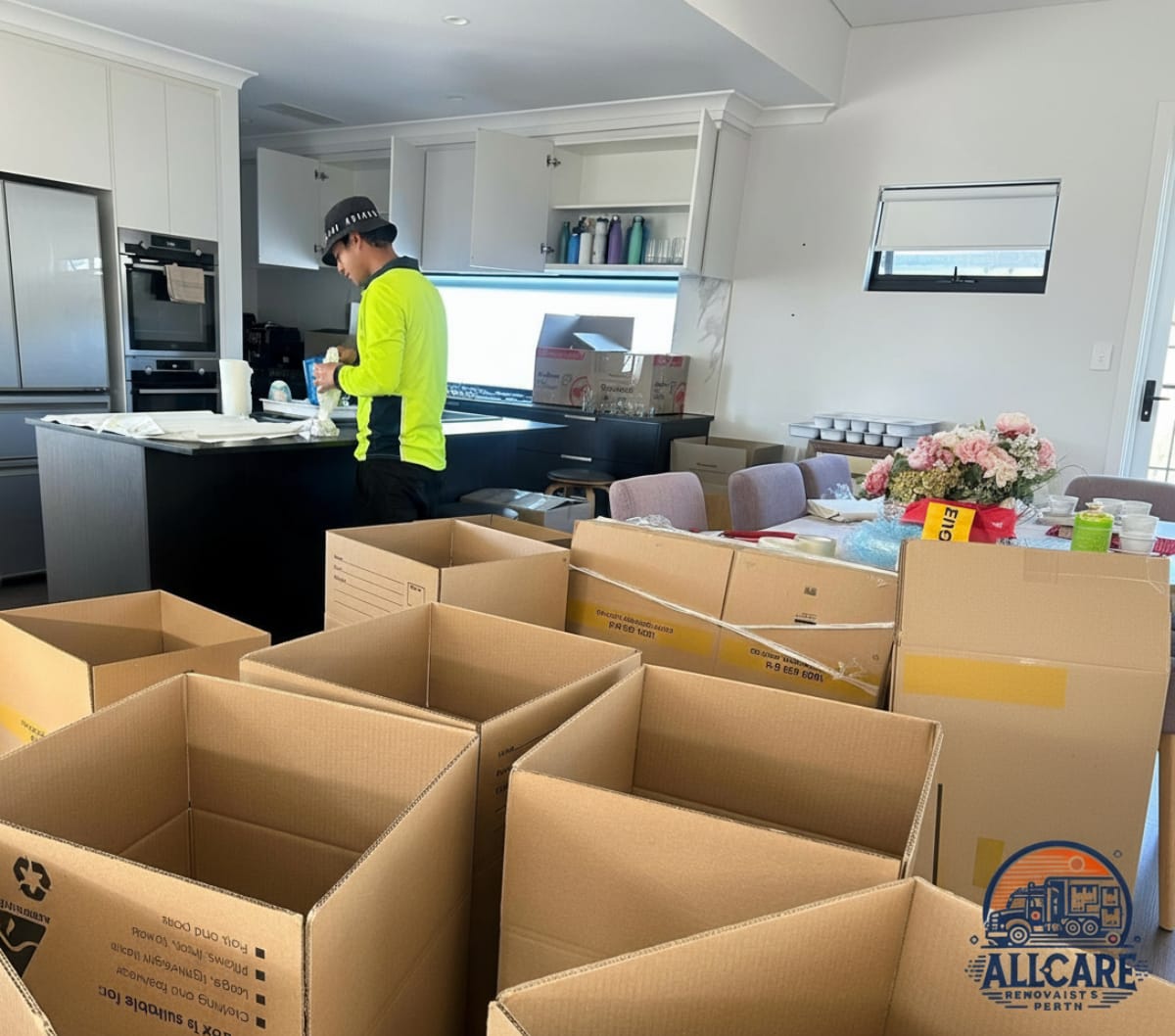 Professional removalist in Perth carefully packing household items into boxes — AllCare Removalists Perth house packing service.