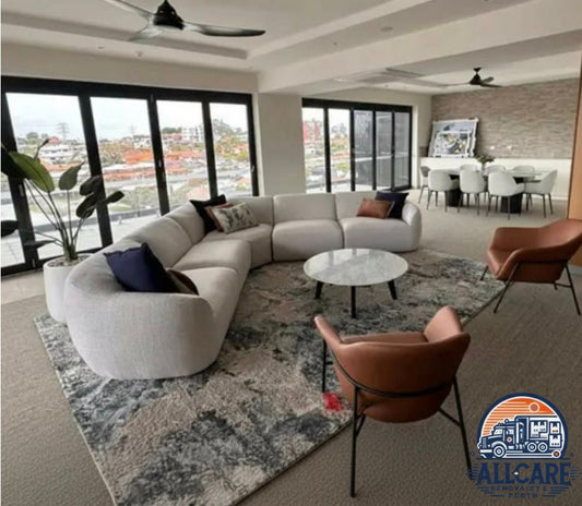 Luxury living room setup after an in-home furniture moving service by AllCare Removalists Perth, showing careful handling of premium furniture.