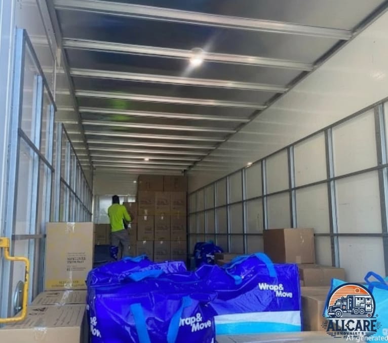 AllCare Removalists Perth team loading a large moving truck with boxes and blue moving bags, demonstrating organised and professional residential moving services.