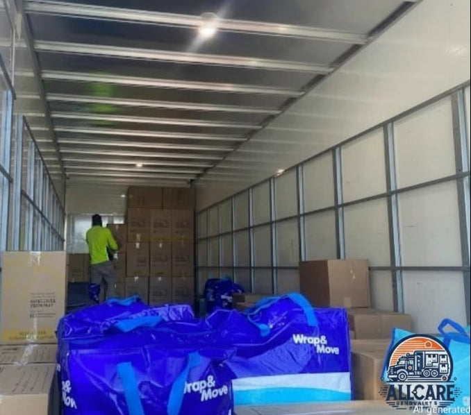 Professional AllCare Removalists Perth team loading a large moving truck with boxes and protective moving bags, showing organised packing, secure transport, and expert relocation services.