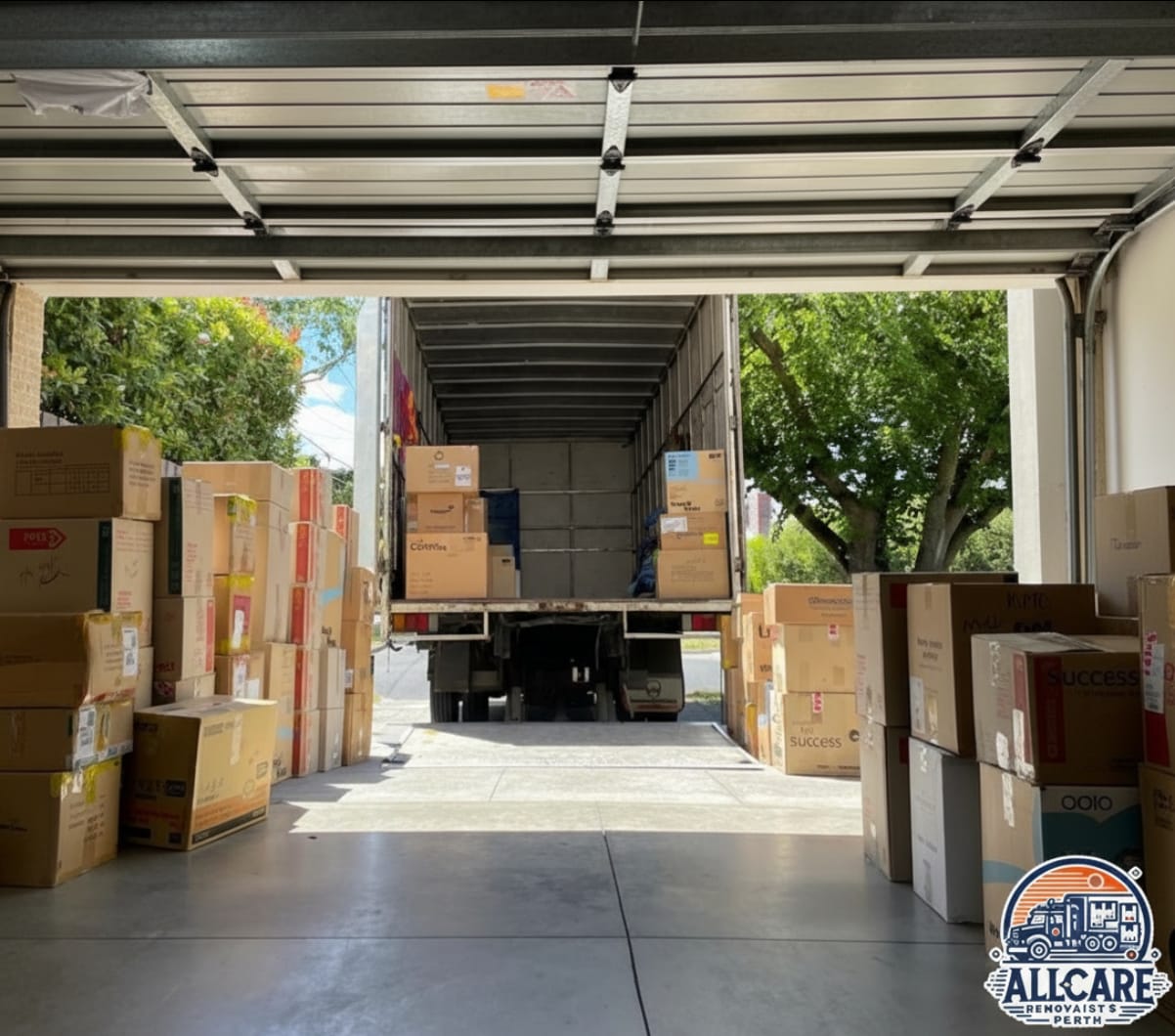 AllCare Removalists Perth truck being loaded with organized boxes at a warehouse — professional logistics and moving service in Perth.