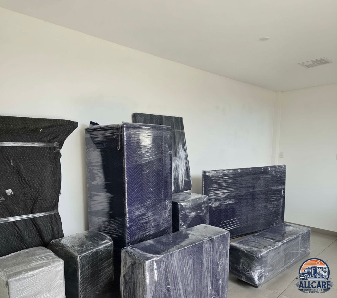 Furniture pieces fully wrapped with moving blankets and stretch wrap by AllCare Removalists Perth, showing premium packing and protection service.