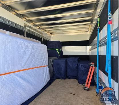 Furniture protected with moving blankets and straps inside an AllCare Removalists Perth truck, showcasing secure and professional residential moving services.