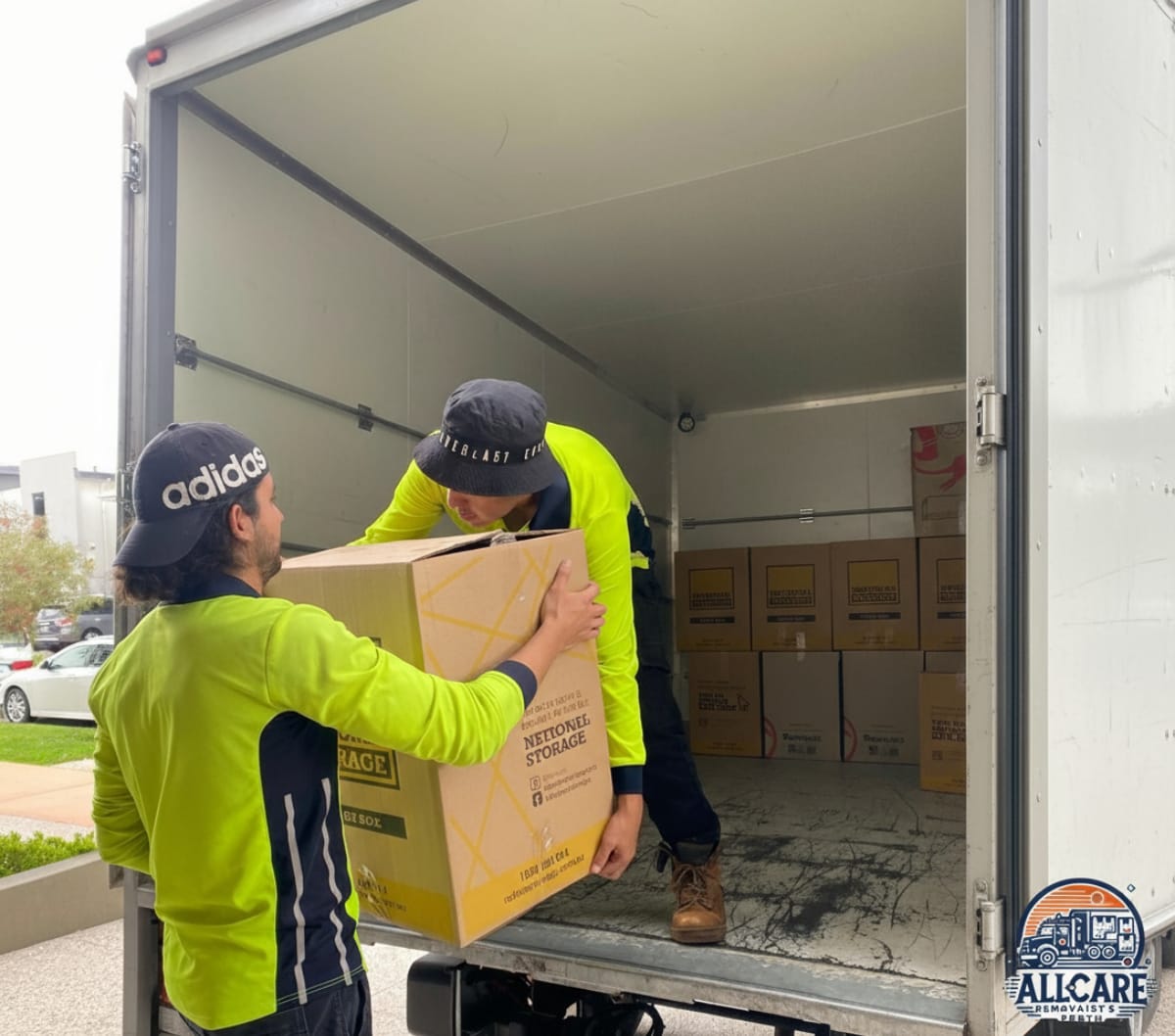 Two professional removalists in Perth loading labeled boxes into an AllCare moving truck, demonstrating safe and efficient residential moving services.
